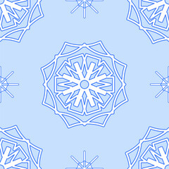 Seamless geometric mandala pattern in light blue and white, featuring symmetrical snowflake-like floral shapes. Minimal, decorative background ideal for winter, textile, or wallpaper design.