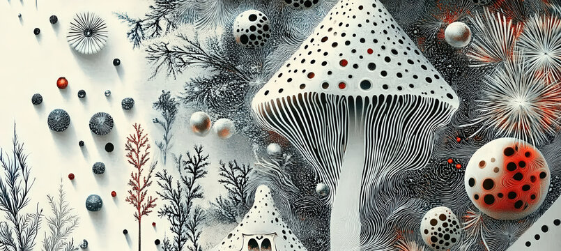 A whimsical winter illustration featuring mushrooms, snow, and floating abstract elements, creating a playful surreal fantasy scene.