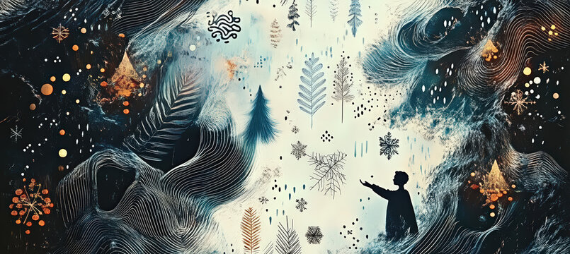 A dynamic surreal winter landscape with flowing textures, glowing particles, and snow-covered trees, forming a powerful fantasy composition.