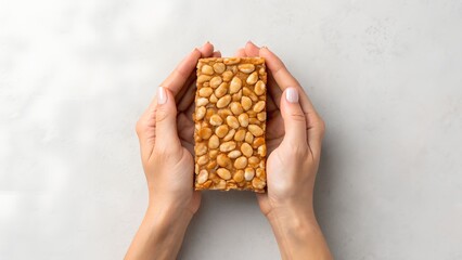 Two Hands Gently Holding A Golden Peanut Brittle Candy Bar Against A Light Textured Background