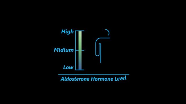 Aldosterone Hormonal health good level on high measure scale. Instrument scale with silhouette of man icon animation on black background. 4k video