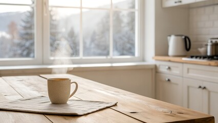 Obraz premium Warm Mug of Steaming Coffee on a Wooden Table by a Window with Snowy Forest View