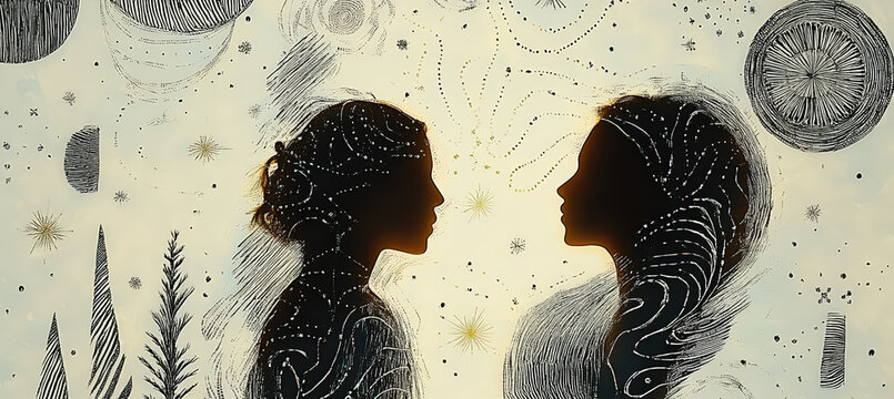 A surreal winter portrait of two facing silhouettes formed by abstract textures and snowy patterns, expressing emotional connection and fantasy symbolism.
