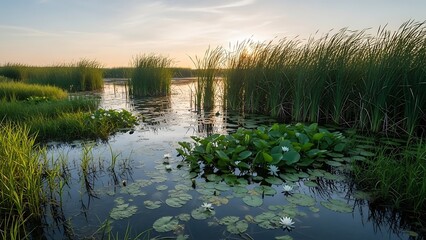 Serene wetland at sunset