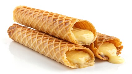 Golden waffle tubes with creamy condensed milk filling isolated on white for clean dessert and bakery visuals.