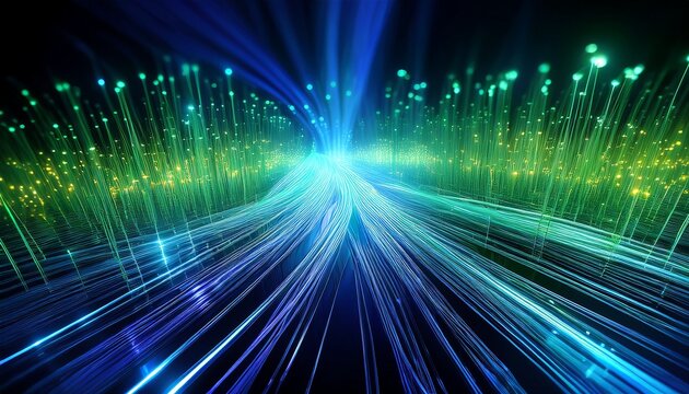 shimmering fibers illuminate a futuristic network conveying innovation data transfer and digital connectivity with vibrant blue and green light - Powered by Adobe