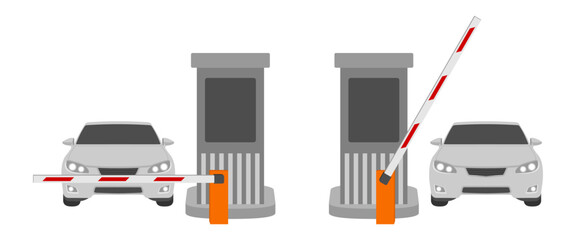 car passing security post with barrier open and close, vector illustration isolated on white background.