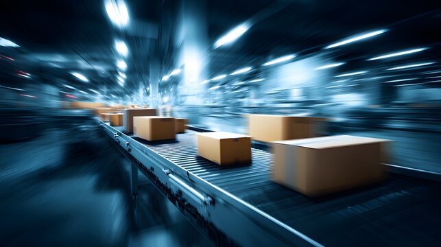Automated industrial conveyor belt transporting cardboard boxes in a modern warehouse setting.