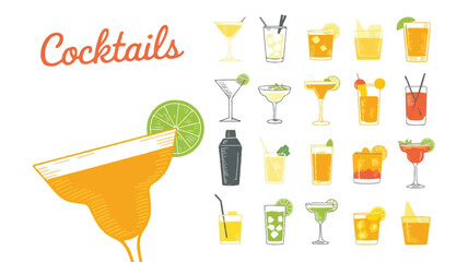 Colorful sketch style illustration of assorted cocktails displayed in a neat grid, hand drawn line art with vibrant splashes, modern bar menu aesthetic