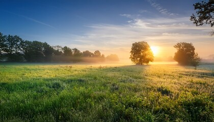 Obraz premium A Peaceful Misty Morning Meadow With The Sun Rising In The Background Peaceful Sunrise Misty Grass Tranquility Rural Landscape Field Trees Meadow Foggy Tranquil Tranquil Beauty
