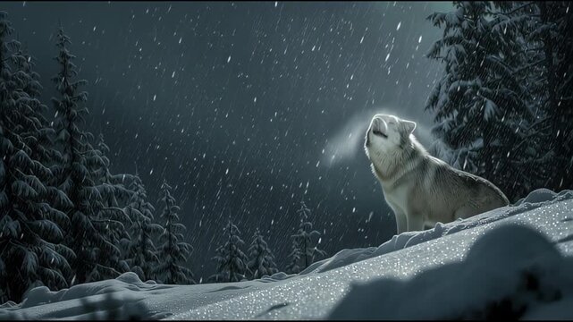 Majestic wolf howls at the moonlit snowy forest during a winter storm