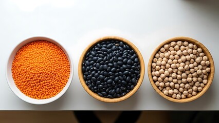 Three bowls of different types of beans