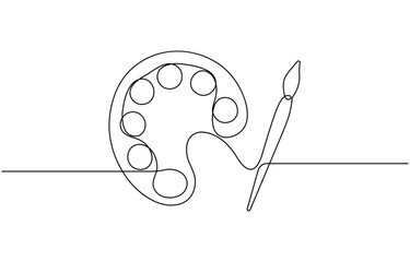 Brushes and painting palette one line drawing vector.
