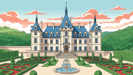 Majestic French Chateau Palace With Blue Roofed Turrets And Manicured Formal Garden Featuring A Water Fountain And Green Hedges (20 words) © Arzufa