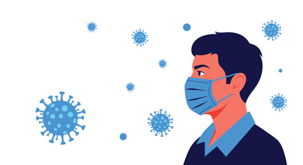 Profile view of a man wearing a protective blue medical face mask with floating coronavirus germs in the background for safety.