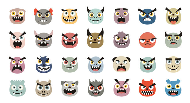 Large collection of colorful and funny monster faces with various expressions and features for games and cartoons.