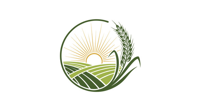 Circular agricultural logo design featuring green farm fields with a rising sun and a stalk of wheat integrated into the frame.