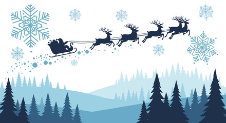 Traditional Christmas scene with Santa Claus and his reindeer team flying through a snowy forest at nighttime.