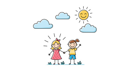 Naklejka premium Hand drawn sketch of two happy children holding hands outdoors under a smiling yellow sun and fluffy blue clouds.