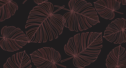 Elegant seamless pattern of pink monstera or philodendron leaves drawn in a fine line art style on a dark background.