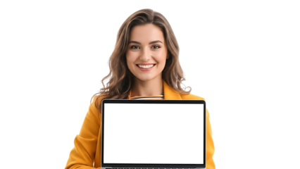 Smiling young businesswoman holding a laptop with blank white screen, isolated on transparent background