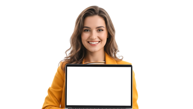 Smiling young businesswoman holding a laptop with blank white screen, isolated on transparent background - Powered by Adobe
