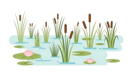 Serene pond with reeds and lilies