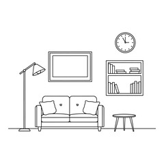 Minimalist living room with sofa lamp framed bookshelf and clock on wall