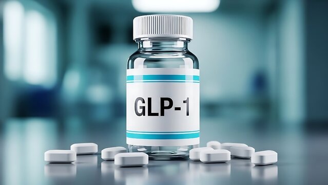 A medicine bottle labeled glp-1 placed against a blue laboratory background tablets rest on a reflective lab surface, symbolizing modern pharmacological