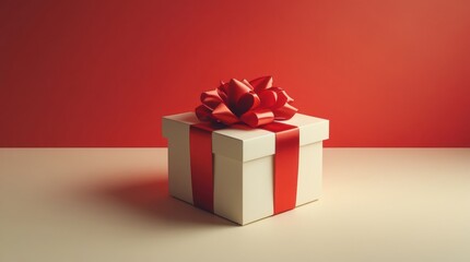 Fototapeta premium A beautifully wrapped white gift box with a red ribbon and bow
