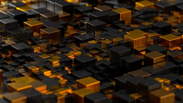 dark metallic cube landscape with glowing amber seams and dense stacked blocks forming circuit pattern, reflective surfaces, low key cinematic lighting, industrial atmosphere, data center metaphor,