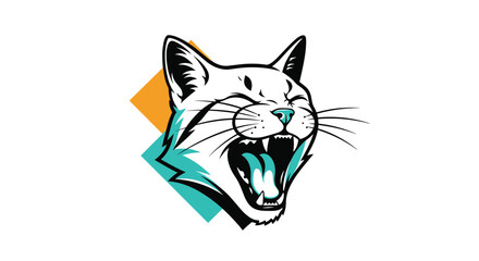 Fototapeta premium A dynamic and stylized illustration of a roaring or yawning cat head with a modern graphic design aesthetic and bold color accents.