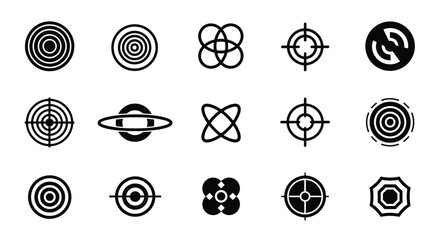 A diverse collection of black and white target, crosshair, and abstract geometric icons for representing goals, focus, and precision.
