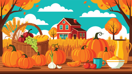 Harvest Autumn Scene with Pumpkins and Fruit Basket on Wooden Table Against a Red Farmhouse and Golden Wheat Field Background (21 words)