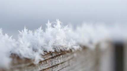 Close Up Of Delicate White Snowflakes Resting On Wooden Surface