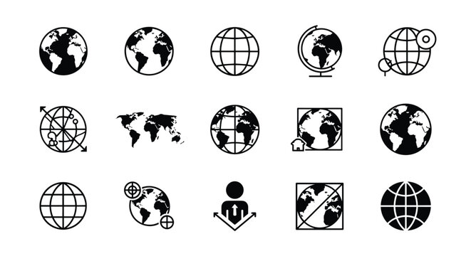 A set of black and white globe and world map icons representing global communication, travel, and geography in a simple line style.