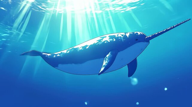 Graceful Narwhal Swimming Through Sunlit Ocean Waters Underwater Scene Animation