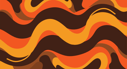 A groovy and abstract background with flowing psychedelic waves in warm shades of orange and brown, evoking a retro 1970s aesthetic.