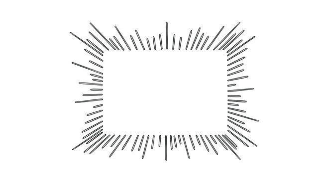 A dynamic hand-drawn sunburst or starburst frame with lines radiating outward from a rectangular center, creating a comic book-style effect.
