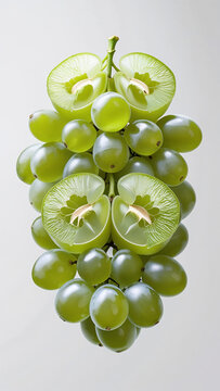 Vertical format grapes cut to display juicy fresh texture centered on clean white background realistic 3D illustration.