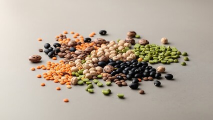 Variety of colored legumes and beans arranged on a surface