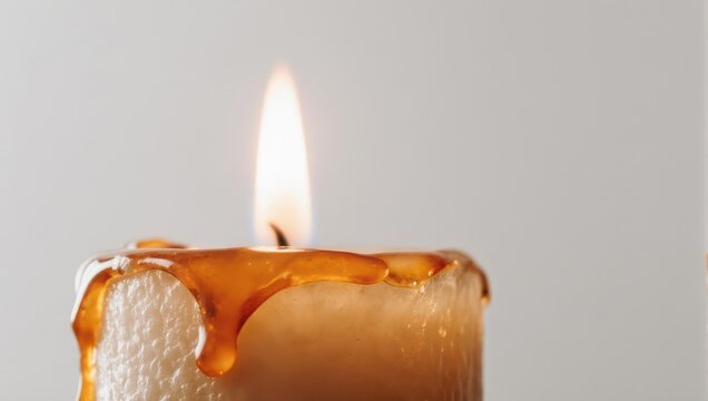 Close-up of a burning candle with dripping wax, warm light.