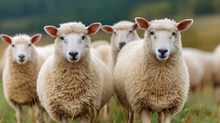 Fototapeta premium Close-up of a flock of fluffy white sheep grazing in a green pasture, looking at the camera.