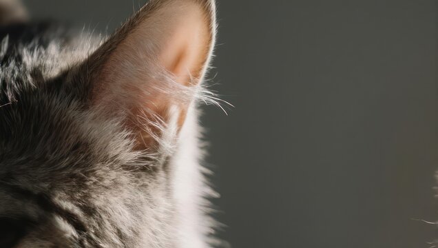 Close-up of a cats ear with sunlight highlighting the fur.