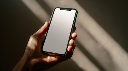 Close-up of a hand holding a modern smartphone with a blank screen.