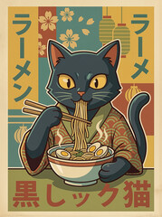 black cat eating ramen with chopsticks