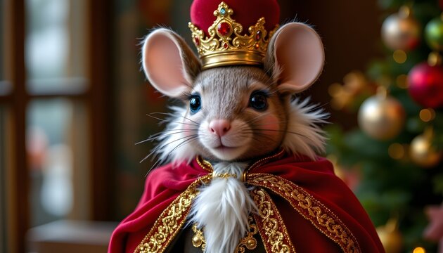 Nutcracker Mouse King with velvet cape, subtle metallic hints