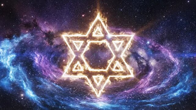 Glowing Golden Star of David in Deep Space Nebula. Jewish Symbol of Judaism against the Universe Background.