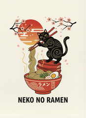 black cat eating ramen with chopsticks