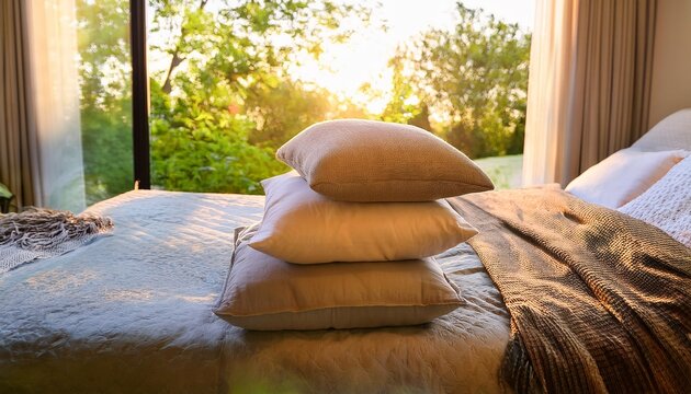 stacked neutral toned pillows on a bed soft blanket view of garden sunlight
